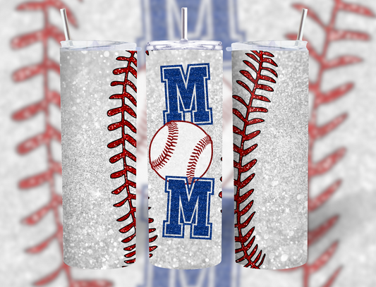 Glittery Baseball MOM 20oz Tumbler with Lid and Straw.